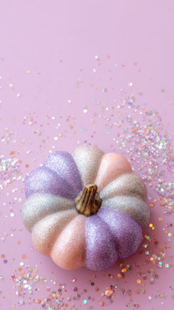 A sparkling pastel pumpkin coated in glitter with scattered confetti on purple background. Generated A.I.の素材