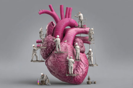 Illustration of workers repairing a giant heart with tools, ladders, and industrial elements. Generated A.I.の素材