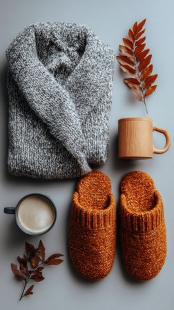 Warm autumnal composition featuring a gray knit sweater, orange knit slippers, a wooden mug, and coffee, complemented with autumn leaves. Generated A.I.の素材