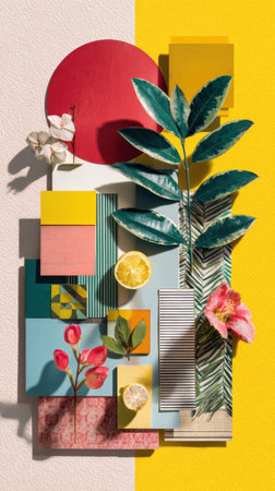 Abstract artwork featuring vibrant geometric patterns, tropical foliage, and bright colors. Generated A.I.の素材