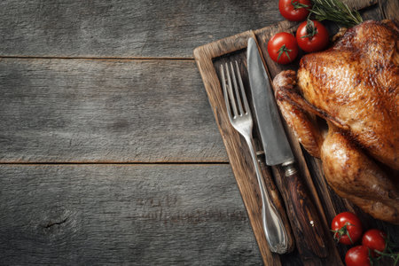 Roasted whole chicken with herbs and tomatoes on rustic wooden backgroundの素材