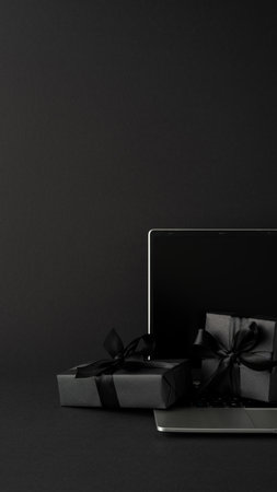Black vertical wrapped gifts with ribbons arranged atop a laptop on a dark background settingの写真素材