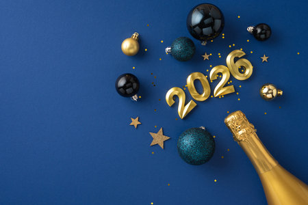 Golden numbers and ornaments arranged with champagne bottle, symbolizing New Year's Eve 2026