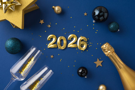 Festive arrangement celebrating the upcoming New Year of 2026 with decorations and champagne