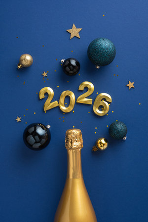 Golden vertical champagne bottle with ornaments and confetti celebrating new year's arrival with 2026の写真素材