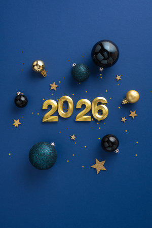 Golden vertical 2026 numerals with shimmering ornaments and stars, capturing a joyous and celebratory feelの写真素材