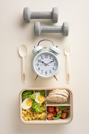Neatly vertically arranged fitness dumbbells, an alarm clock, utensils, and a meal preparation box healthy promote livingの写真素材