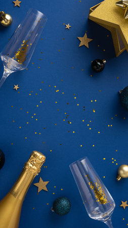 Set against a vertical deep blue background, gold and glitter accents highlight a holiday celebrationの写真素材