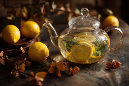 A glass teapot filled with herbal tea and lemons surrounded by fresh lemons and rustic decor. Generated A.I.の素材