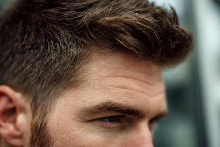 Closeup image highlighting a man's styled haircut and detailed forehead texture. Generated A.I.の素材