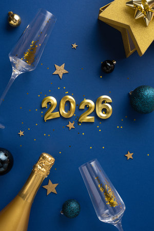 Gold vertical decorations and champagne enhance a festive New Year's Eve celebration. Sophisticated...