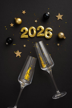 Golden and black vertical decorations, stars, and champagne glasses signify celebration and joy for...