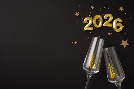 Elegant composition celebrating New Year 2026 with gold numbers, champagne glasses, and festive...