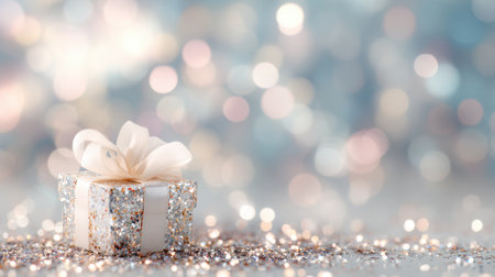 A sparkling gift box covered in glitter with a soft ribbon bow sits on a surface strewn with tiny sparkling specks, against a dreamy bokeh backdrop. Generated A.I.の素材