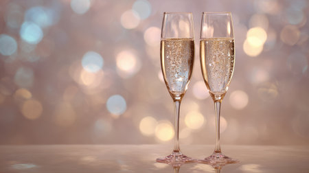Two champagne flutes rise in a festive scene with bubbles rising in crystal stems, set against a warm bokeh backdrop that evokes celebration, romance, toasts, and special evenings. Generated A.I.の素材