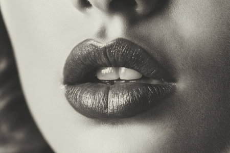 A detailed close up of lips with glossy lipstick, emphasizing makeup, beauty, and sensual mood in a monochrome portrait. Generated A.I.の素材