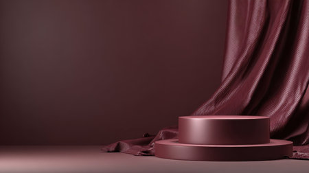 A rich maroon velvet podium sits on a minimalist stage beside flowing fabric, suggesting luxury, fashion, or award moments. Ideal for product launches, ceremonies, or upscale branding. Generated A.I.の素材