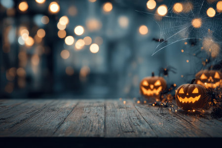 A moody Halloween still life with glowing jack o lanterns, warm orange light, delicate spiderwebs, and a textured wooden table, set against a soft bokeh backdrop. Generated A.I.の素材