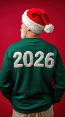 An older man wearing a Santa hat and green sweater with 2026 on the back stands against a red background, evoking Christmas warmth, family celebration, and seasonal joy. Generated A.I.の素材