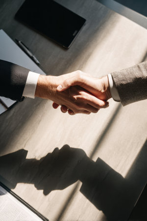 Two professionals shake hands across a desk, symbolizing trust, agreement, and collaboration in a business environment. Generated A.I.の素材