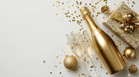 Golden champagne bottle, two flutes, gift box and festive confetti create a luxurious holiday mood and celebratory vibe. Generated A.I.の素材