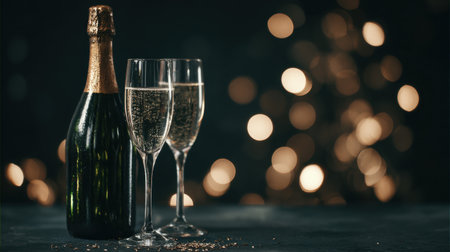 Elegant scene of a champagne bottle with two fluted glasses, set against a dark background with golden bokeh. Perfect for celebration, luxury lifestyle, party and romance visuals. Generated A.I.の素材
