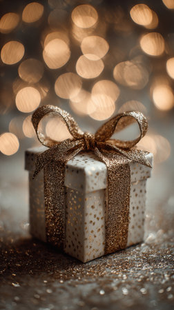 A luxurious white gift box with a gold glittering ribbon rests on a glittering surface, surrounded by soft, warm bokeh orbs for a festive holiday vibe. Generated A.I.の素材