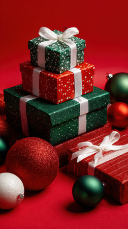 Colorful stacked presents wrapped in red and green glitter with white ribbons, surrounded by holiday ornaments for a warm, festive Christmas look. Generated A.I.の素材