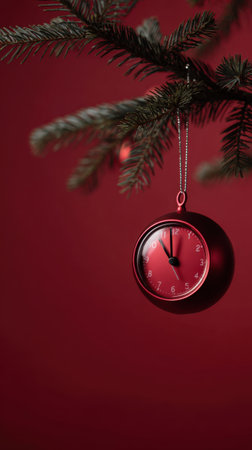 Bright red clock ornament hangs from a pine branch, creating a festive mood with time motif against a rich red backdrop. Generated A.I.の素材