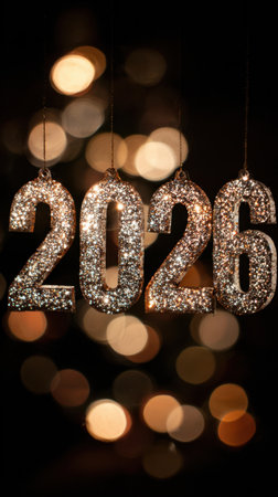 Sparkling silver 2026 digits hang against a warm bokeh background, creating a celebratory holiday mood and festive ambiance for parties, events, and New Year imagery. Generated A.I.の素材
