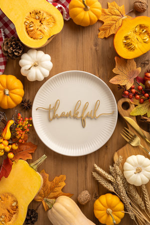 Vertical view of a Thanksgiving dinner table decorated with seasonal produce and festive itemsの写真素材