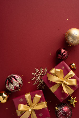 Red vertical holiday backdrop with wrapped gifts, gold ribbons, and decorative ornaments capturing festive joy and Christmas warm spirit for celebrations, greetings, and seasonal gifting imageryの写真素材
