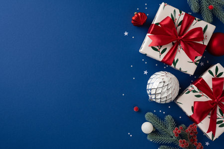 Vibrant Christmas display features wrapped presents with red ribbons, silver ornament, pine branches, and decorative stars on a deep blue surfaceの写真素材