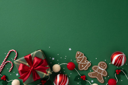 Vibrant Christmas celebration scene featuring a wrapped gift with red ribbon, candy canes,...