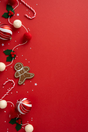 Vibrant vertical Christmas scene featuring a gingerbread cookie, candy canes, red ornaments and holly accents along a bold red background, capturing holiday cheer and New Year wishesの写真素材