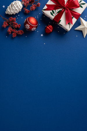 A vertical gift box with red ribbon, ornaments, and berries sits on a deep blue backdrop, evoking Christmas and New Year celebration and warm seasonal greetingsの写真素材