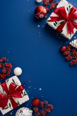 Festive vertical scene featuring wrapped gifts with red ribbons, ornaments, and berries arranged on a blue backdrop, capturing Christmas spirit and New Year cheer with a bright, celebratory moodの写真素材