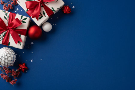 A festive arrangement of wrapped gifts with red ribbons, silver ornaments, and red berries on a deep blue backdrop, evoking Christmas and New Year cheer, warmth, and celebrationの写真素材