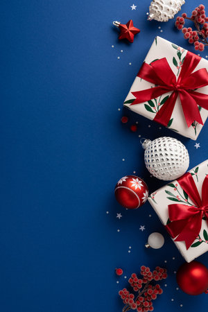 Vibrant vertical holiday scene featuring wrapped gifts with red ribbons, ornaments, berries and sparkling decor arranged on a deep blue backdrop conveying Christmas and New Year cheerの写真素材