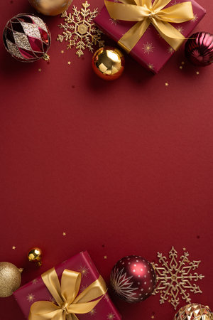 Wrapped vertical gift in red with gold ribbon sit alongside ornaments and snowflakes on a deep red background, creating warm holiday vibes perfect for Christmas and New Year greetings and festive moodの写真素材