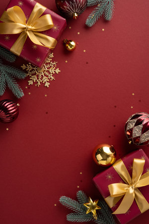Festive vertical scene with burgundy wrapped gifts, gold ribbons, pine branches, and shiny ornaments creating a warm holiday mood perfect for greeting cards and seasonal promotionsの写真素材