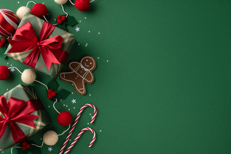 Vibrant holiday scene featuring wrapped gifts, gingerbread, candy canes, and ornaments set against a rich green backdrop for Christmas and New Year celebrationの写真素材