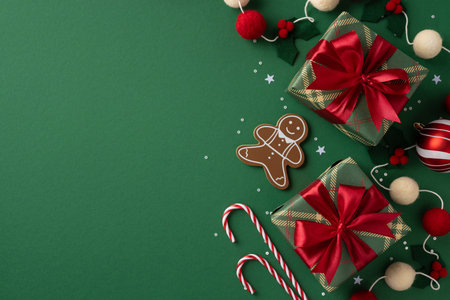 A festive Christmas scene with wrapped gifts, red bows, candy canes, a gingerbread man, and ornaments on a green background, conveying celebration, joy and holiday greetingの写真素材