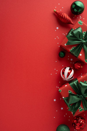 Vibrant vertical red background with wrapped gifts, green ribbons, and decorative ornaments captures holiday cheer and New Year greetings in a warm, festive moodの写真素材