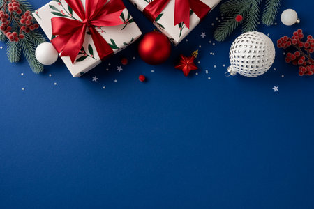 A festive layout with wrapped gifts, red ribbons, pine branches, and decorative ornaments on a deep blue background, evoking Christmas and New Year cheerの写真素材