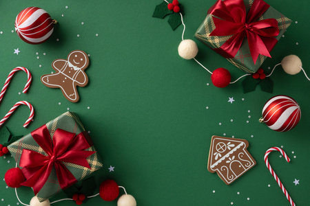 Festive Christmas scene features wrapped gifts, cookies, candy canes and ornaments scattered on a green backdrop, creating a cheerful holiday mood suitable for New Year greeting and celebrationの写真素材