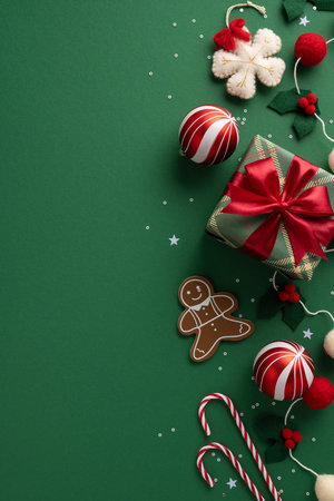 Vibrant vertical holiday scene with gifts, candy canes, a gingerbread man, ornaments and ribbons on a green backdrop, evoking Christmas cheer and New Year celebrationの写真素材