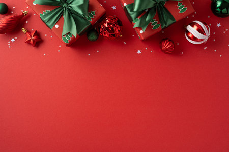 A festive red background with wrapped presents, green ribbons, baubles and confetti creates a cheerful scene perfect for Christmas and New Year greetings and seasonal promotionsの写真素材