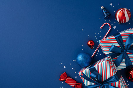 Colorful wrapped gifts with ribbons, candy canes, and ornaments on a deep blue surface evoke Christmas and New Year joy, celebration mood, warmth, and festive greeting across holiday seasonの写真素材
