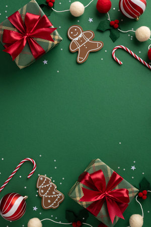 Vibrant holiday scene featuring gifts, gingerbread cookies, candy canes, and red bows on a green background. Joyful, warm, and celebratory mood perfect for Christmas and New Year greetingsの写真素材